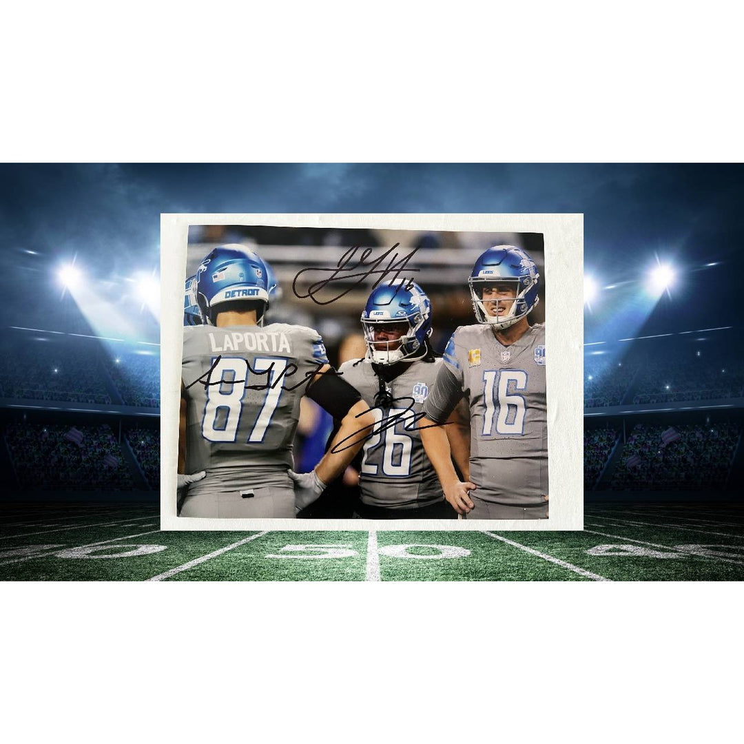 Detroit Lions Jared Goff Sam Laporta Jahmyr Gibbs 8x10 Photo signed with proof