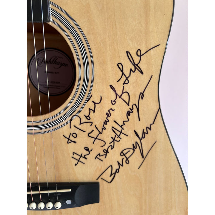 Keith Richards Bob Dylan Ronnie Wood One of a Kind signed and inscribed full size Ashharpe acoustic guitar signed with proof