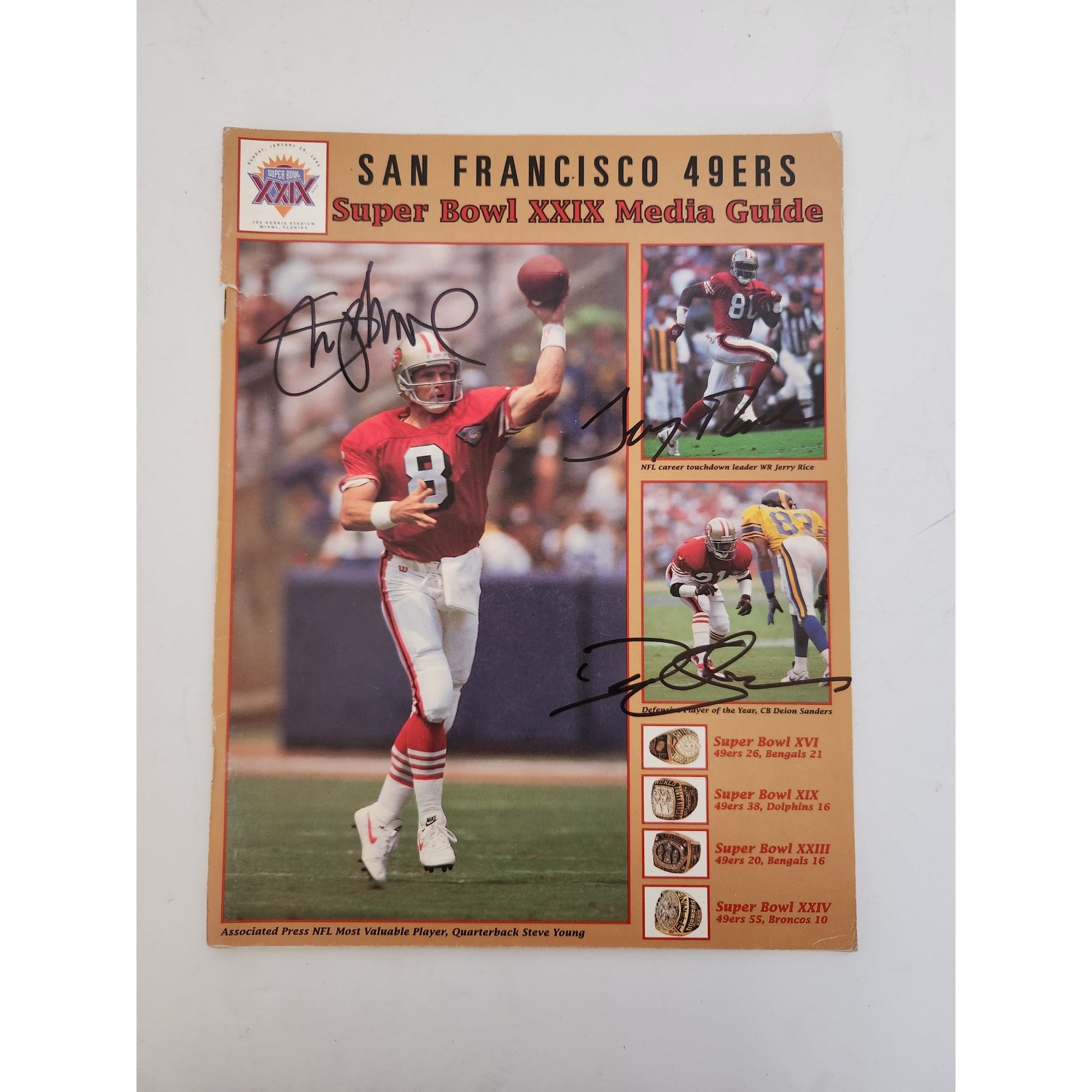 San Francisco 49ers Super Bowl 29 media guide Steve Young Jerry Rice Deion Sanders signed
