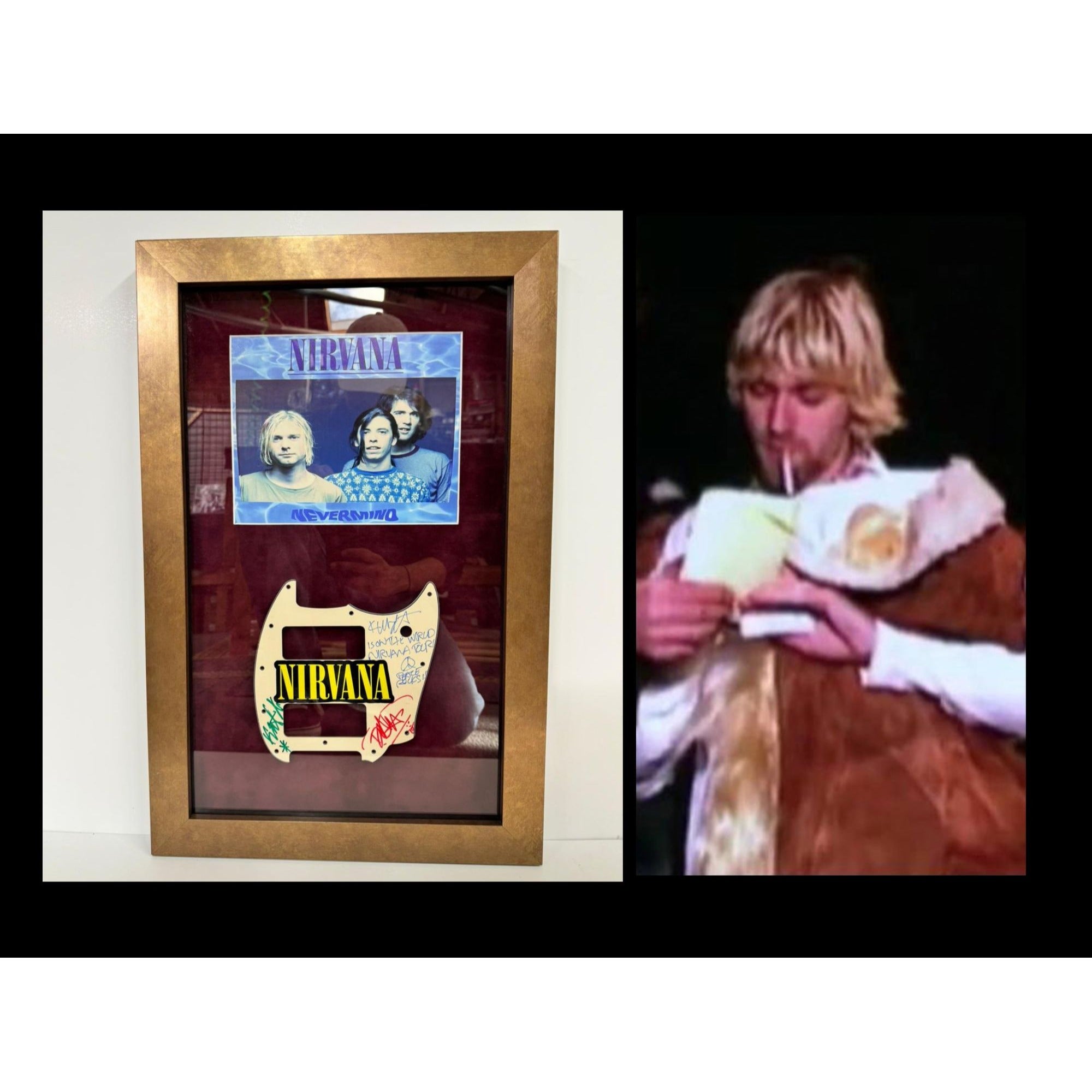 Nirvana Kurt Cobain Krist Novoselic David Grohl vintage pickguard signed with proof & museum quality frame