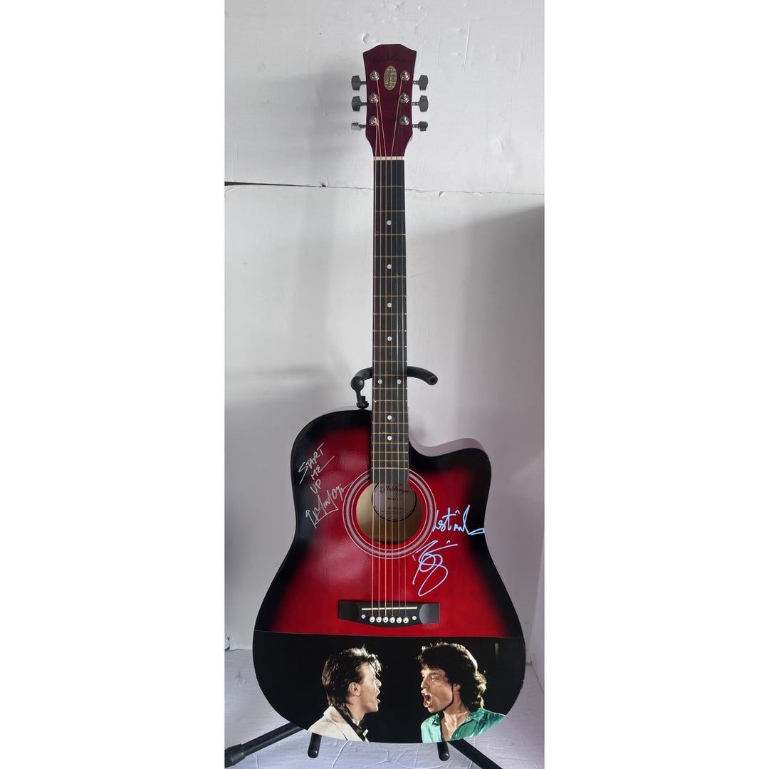 David Bowie and Mick Jagger  acoustic guitar signed with inscriptions & proof