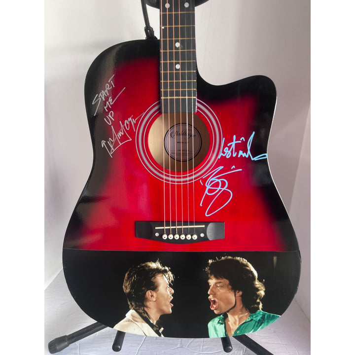 David Bowie and Mick Jagger  acoustic guitar signed with inscriptions & proof