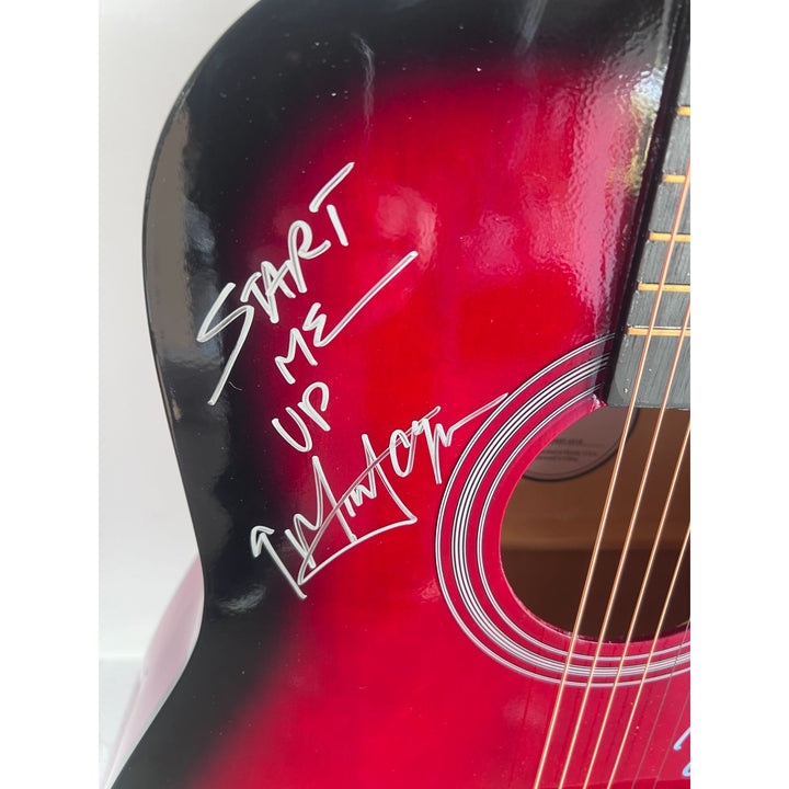 David Bowie and Mick Jagger  acoustic guitar signed with inscriptions & proof