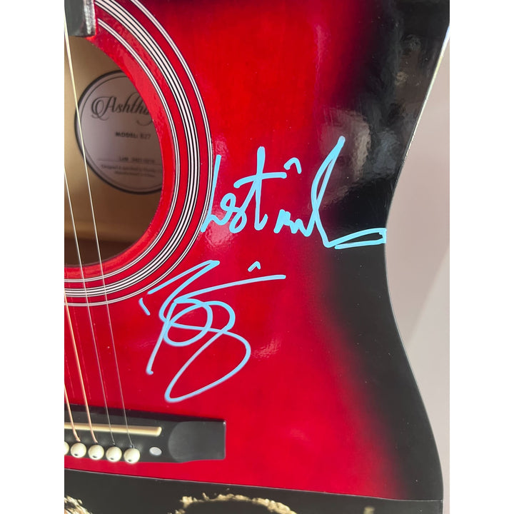 David Bowie and Mick Jagger  acoustic guitar signed with inscriptions & proof