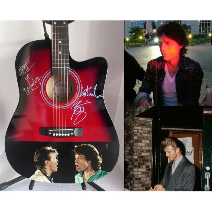 David Bowie and Mick Jagger  acoustic guitar signed with inscriptions & proof