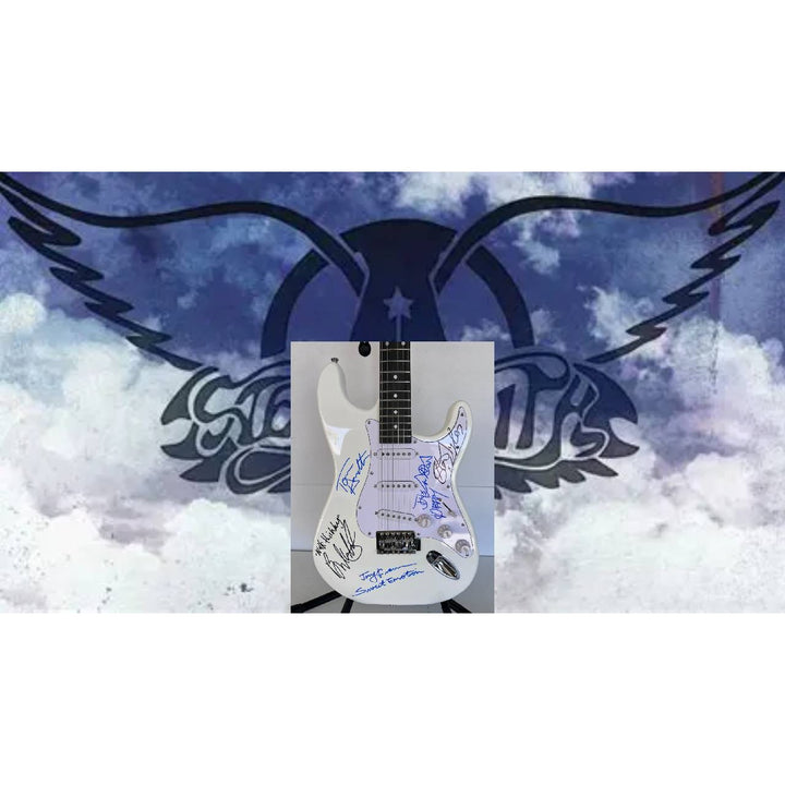 Aerosmith Steven Tyler Joe Perry Joey Kramer Tom Hamilton electric guitar signed with proof.