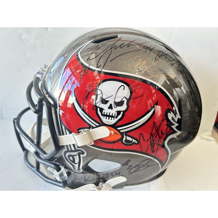Tom Brady Rob Gronkowski Mike Evans Tampa Bay Buccaneers Super Bowl champions 40 plus signed Riddell replica full size helmet signed