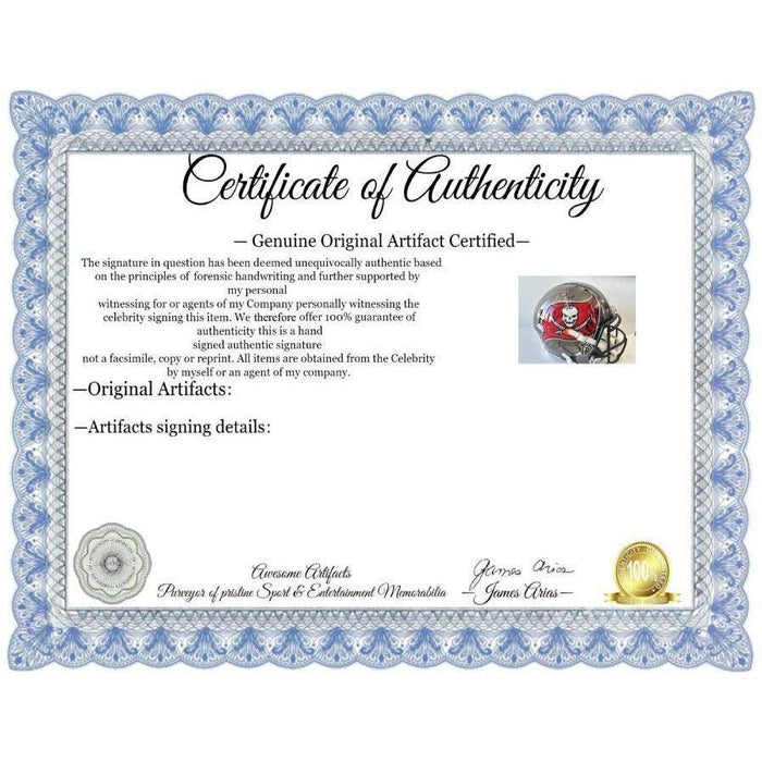 Certificate of Authenticity for Tom Brady Rob Gronkowski Mike Evans Tampa Bay Buccaneers Super Bowl champions 40 plus signed Riddell replica full size helmet signed