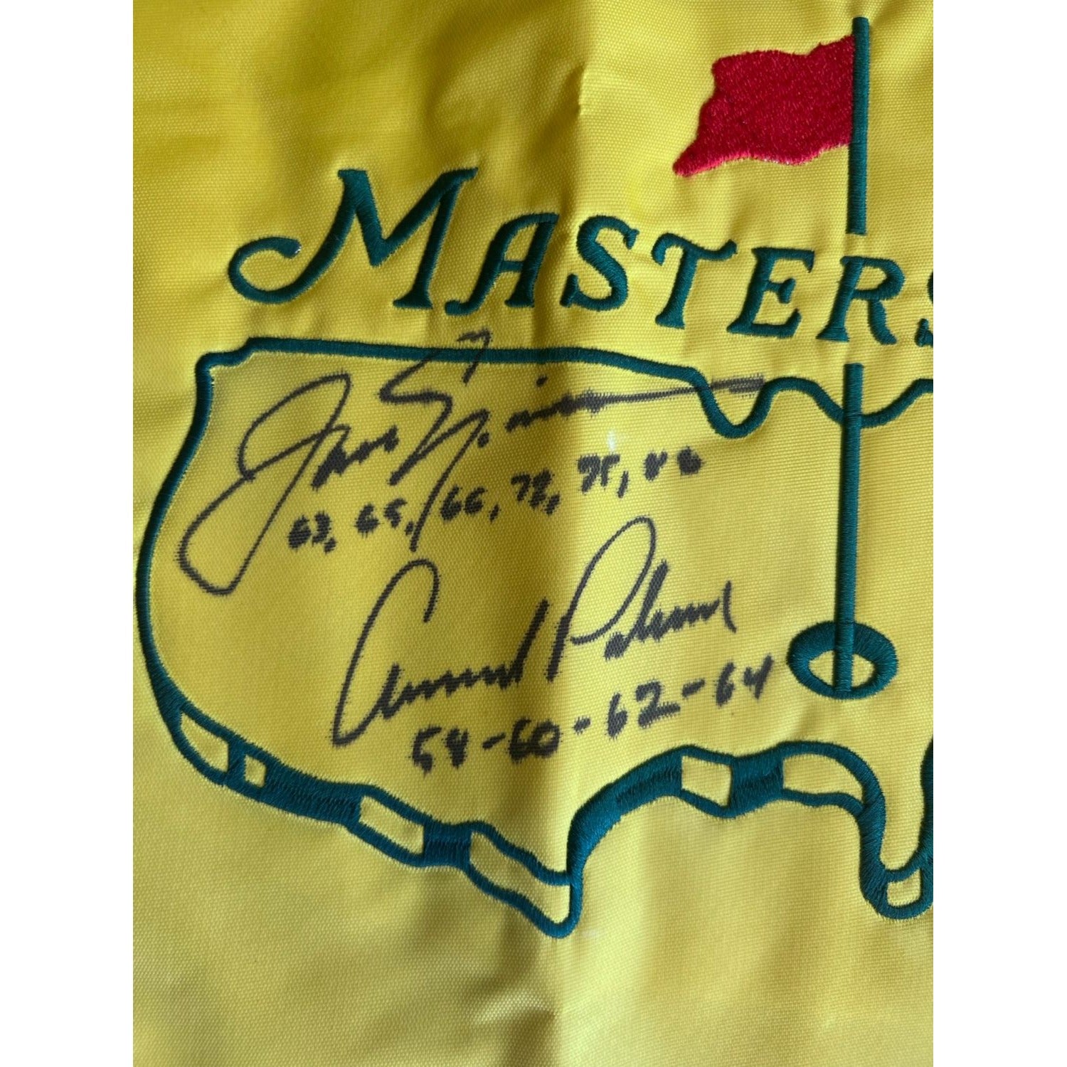 Jack Nicklaus Arnold Palmer signed and inscribed with their masters championships Masters embroidered pin flag with signing proof