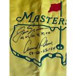 Load image into Gallery viewer, Jack Nicklaus Arnold Palmer signed and inscribed with their masters championships Masters embroidered pin flag with signing proof
