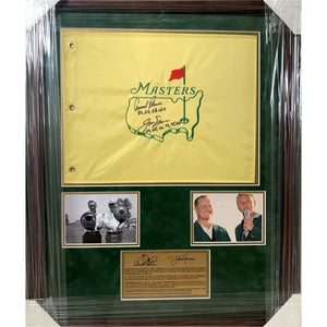 Jack Nicklaus signed and inscribed with Master's championships and Tom Watson Masters embroidered pin flag signed with proof