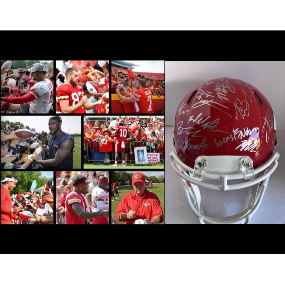 Patrick Mahomes Andy Reid Travis Kelce 2022- 23 Super Bowl champion Kansas City Chiefs Riddell Speed Authentic team signed helmet signed