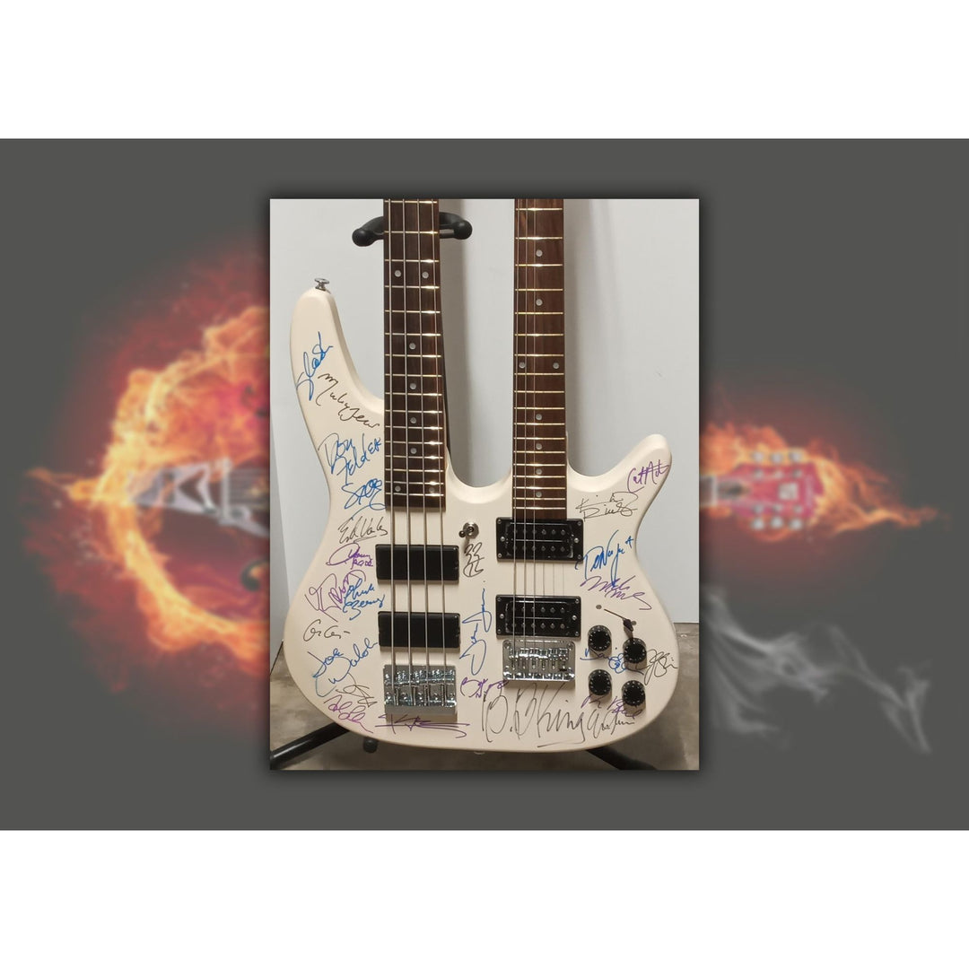 Jimmy Page, Eddie Van Halen, Angus Young, Eric Clapton, 25 guitar Legends BadAax electric guitar signed with proof