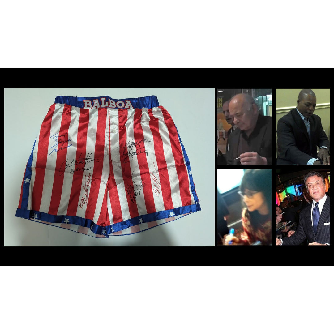 Sylvester Stallone Dolph Lundgren Carl Weathers Mr T Tommy Morrison and Michael B Jordan boxing shorts signed with proof