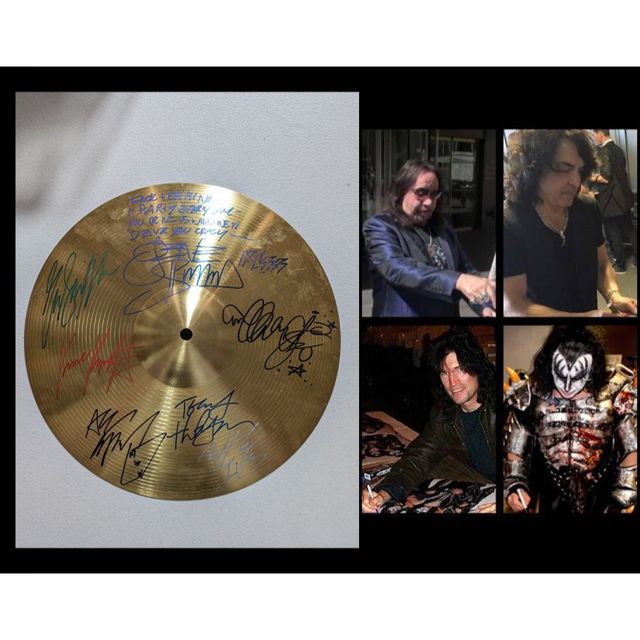 Kiss Gene Simmons, Paul Stanley, Ace Frehley, Peter Criss, Tommy Thayer, Eric Singer and Bruce Kulick cymbal signed with proof