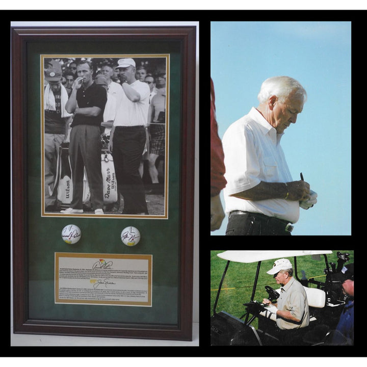 Jack Nicklaus and Arnold Palmer Masters golf balls framed 21x14 and signed with proof