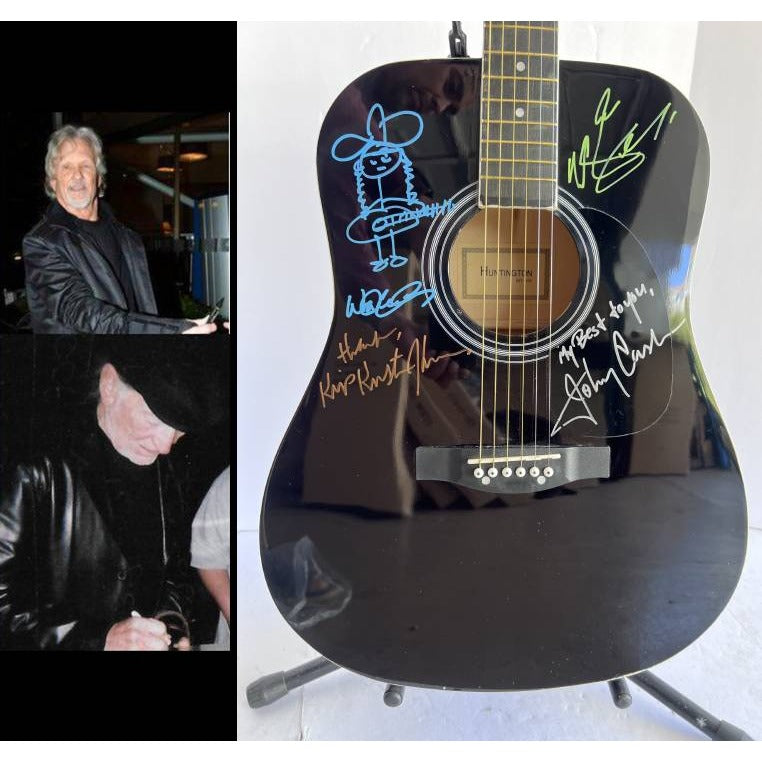 Johnny Cash Waylon Jennings Willie Nelson with Sketch Kris Kristofferson The Highwaymen full size acoustic guitar signed with proof