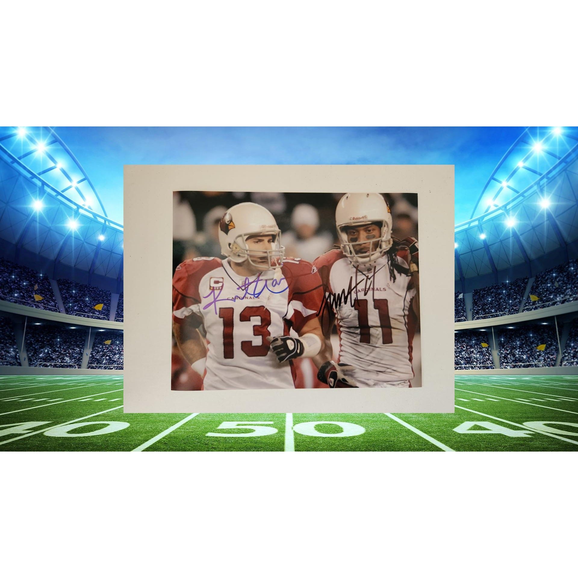 Arizona Cardinals Hall of Famers Kurt Warner and Larry Fitzgerald signed 8 by 10 photo