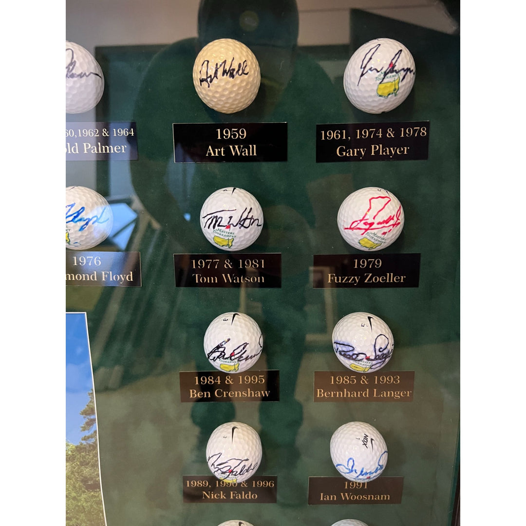 Masters Champions golf balls 44 in all Tiger Woods, Jack Nicklaus, Ben Hogan, Arnold Palmer framed and signed