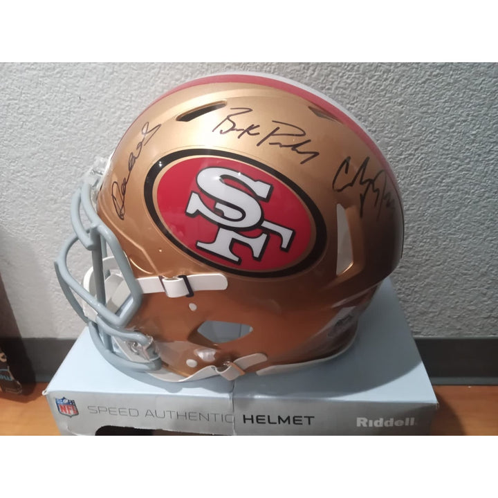 Christian McCaffrey Deebo Samuel Brock Purdy San Francisco 49ers Riddell Speed game model helmet signed with proof