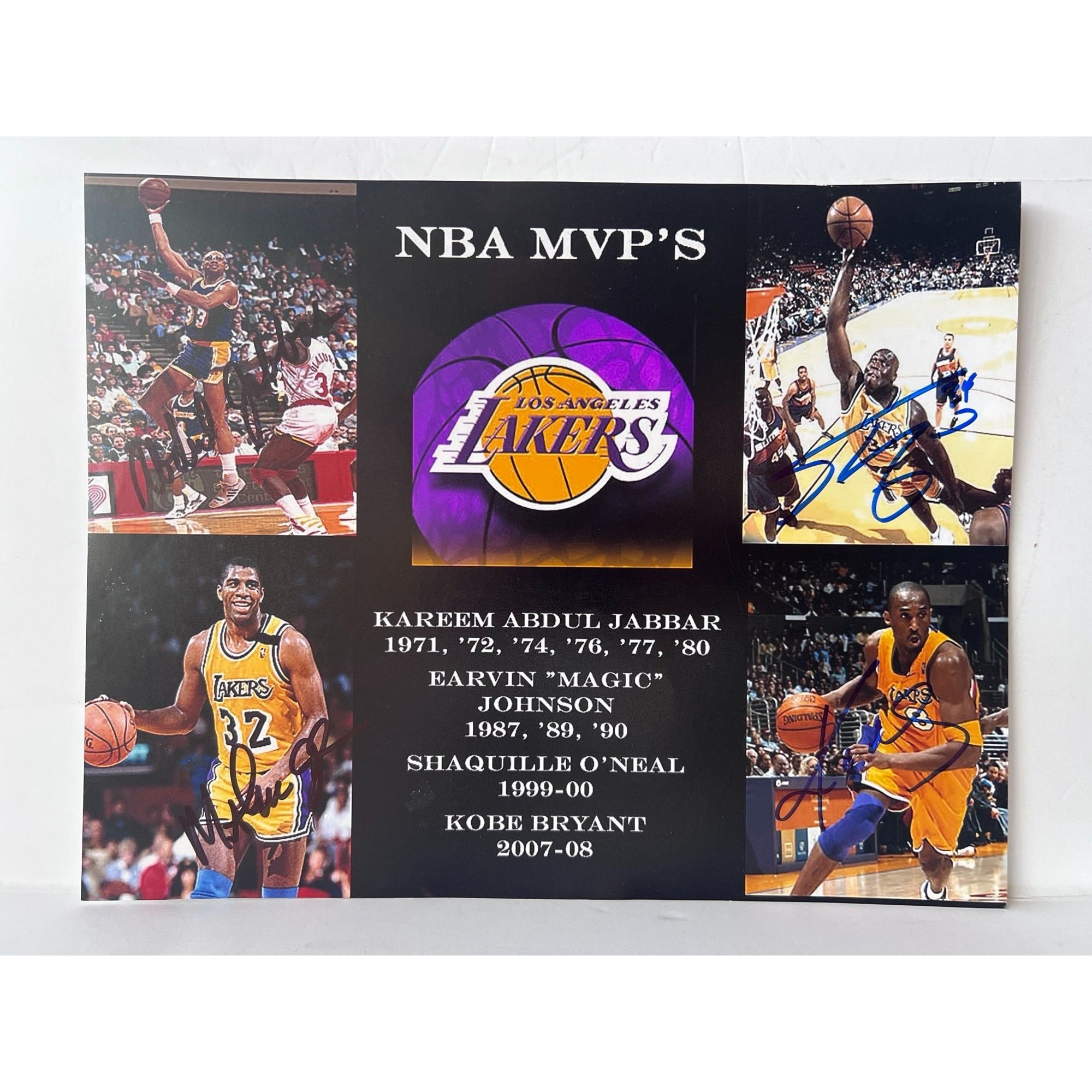 Los Angeles Lakers Kobe Bryant Shaquille O'Neal Magic Johnson Kareem Abdul-Jabbar 11 x 14 photo signed with proof