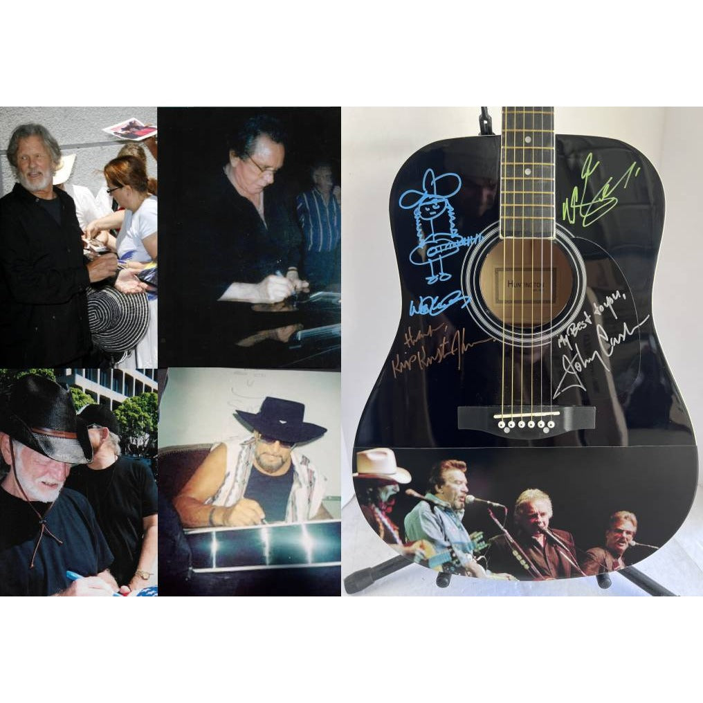 The Highwaymen Johnny Cash Waylon Jennings Kris Kristofferson Willie Nelson one of a kind acoustic guitar signed with proof