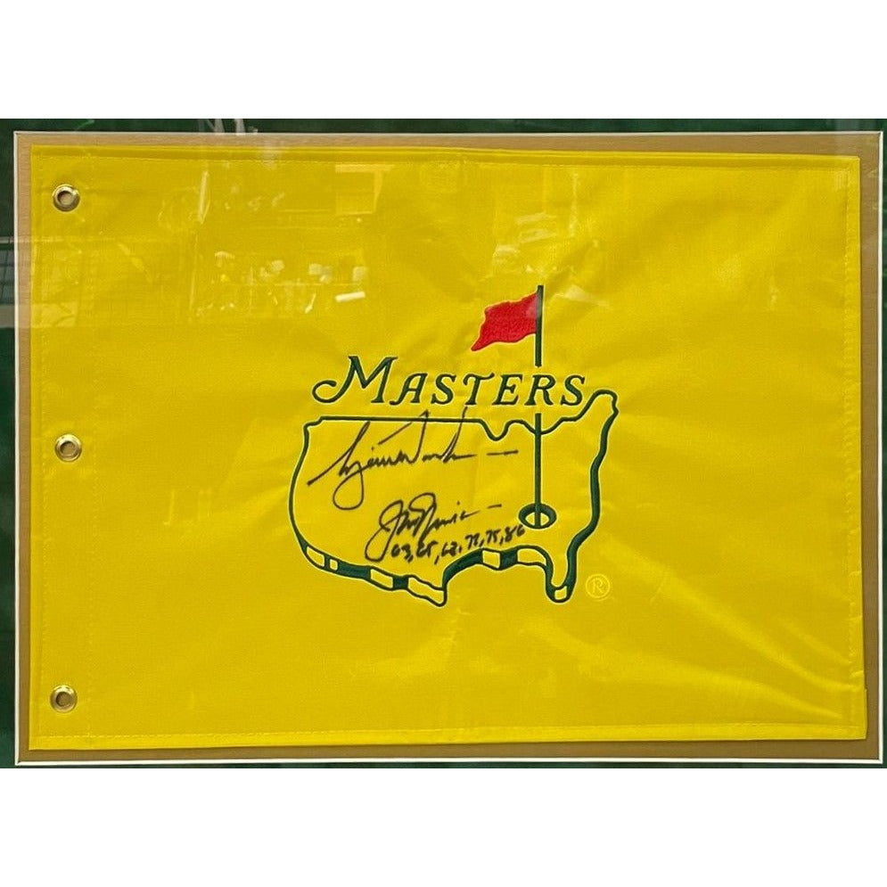 Tiger Woods Jack Nicklaus Masters Golf flag signed with proof and framed