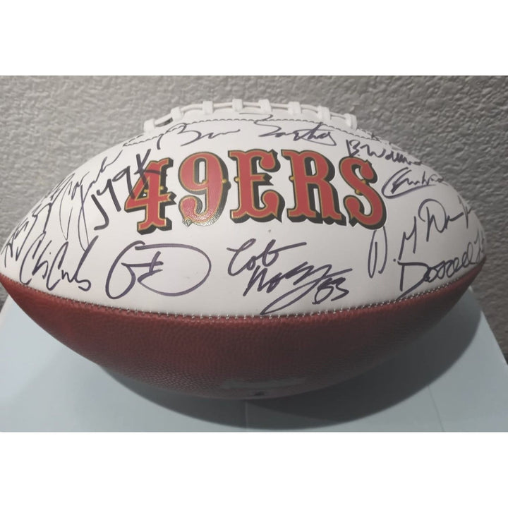 San Francisco 49ers 2023 24 Deebo Samuel, Brock Purdy Christian McCaffrey  full size team signed football with proof