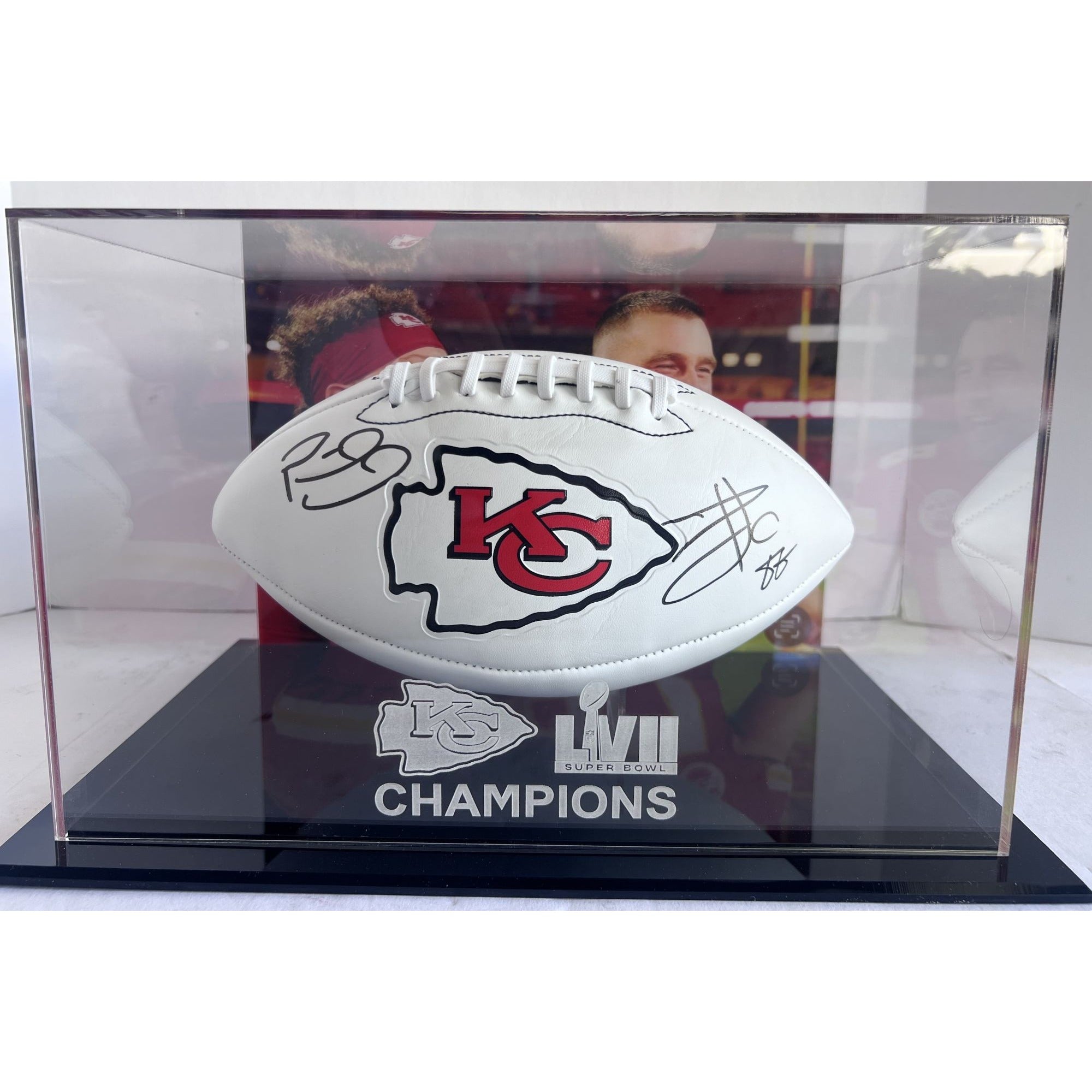 Travis Kelce Patrick Mahomes full size Kansas City Chiefs logo football with signed with proof and 14x9 acrylic display case