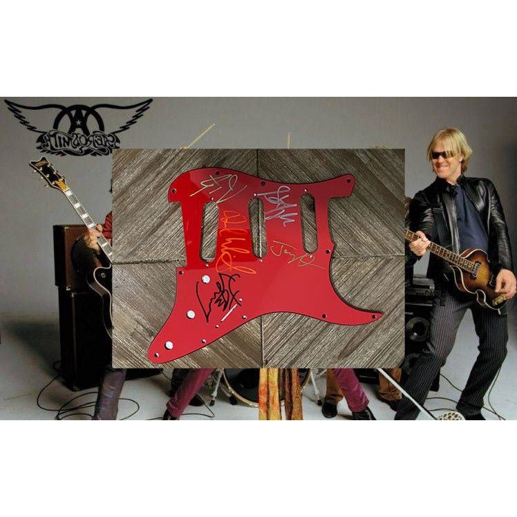 Aerosmith Steven Tyler Joe Perry Brad Whitford Joey Kramer Tom Hamilton pickguard signed with proof