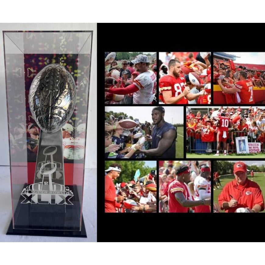 Kansas City Chiefs Patrick Mahomes Andy Reid Travis Kelce 2022-23 Super Bowl champions team signed Lombardi Trophy with 8x22 acrylic case