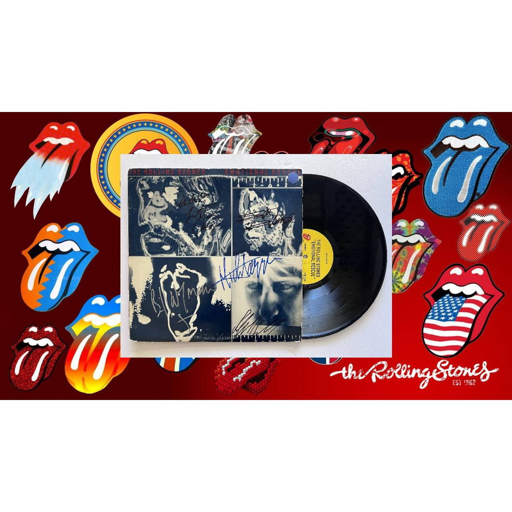 Rolling Stones Mick Jagger Keith Richards Mick Taylor Bill Wyman Charlie Watts Emotional Rescue lp signed with proof