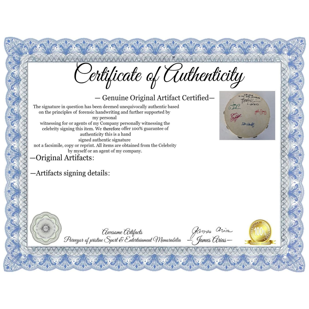 Eagles Don Henley, Don Felder, Glenn Frey, Joe Walsh, Randy Meisner with lyrics signed with proof 12" tambourine