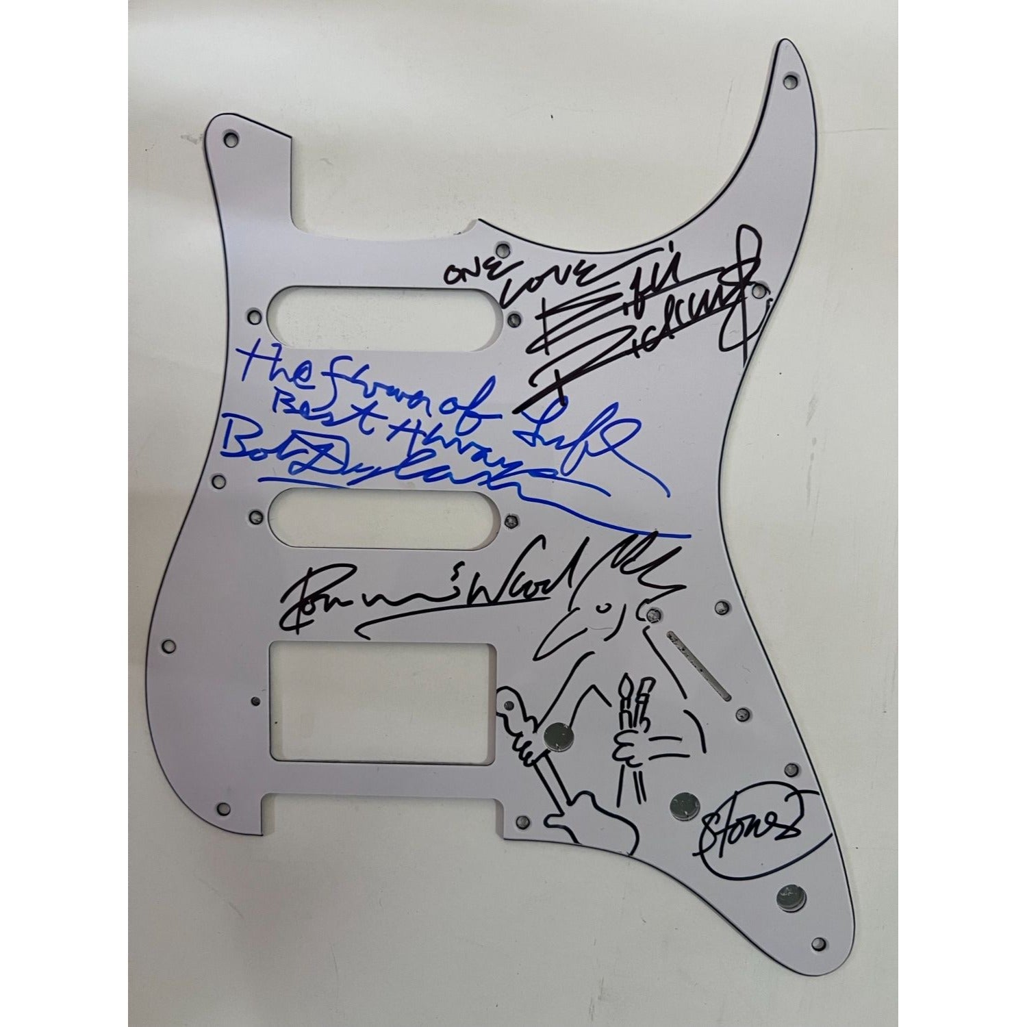 Bob Dylan Keith Richards Ronnie Wood signed and inscribed with Sketch Fender Stratocaster electric guitar pickguard with proof