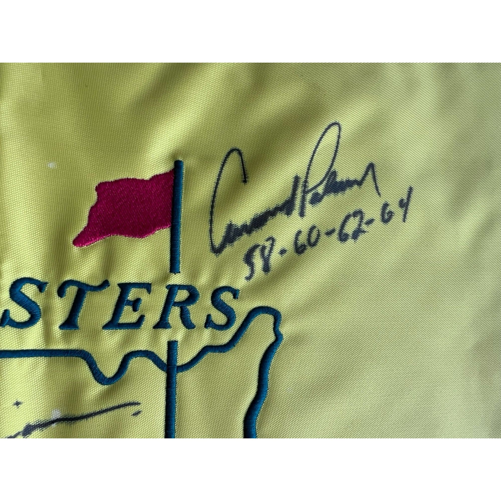 Jack Nicklaus Arnold Palmer Gary Player signed with Master's Championship inscriptions year of victory Masters pin flag with signing proof