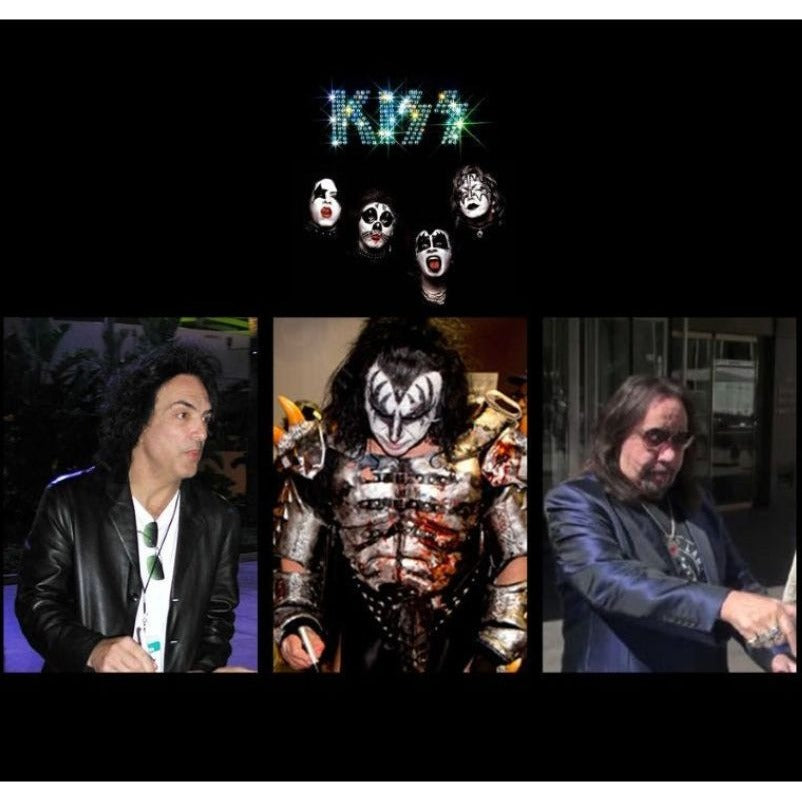 Kiss Gene Simmons Ace Frehley, Peter Criss, Paul Stanley AX bass guitar signed and framed 22x47 with proof