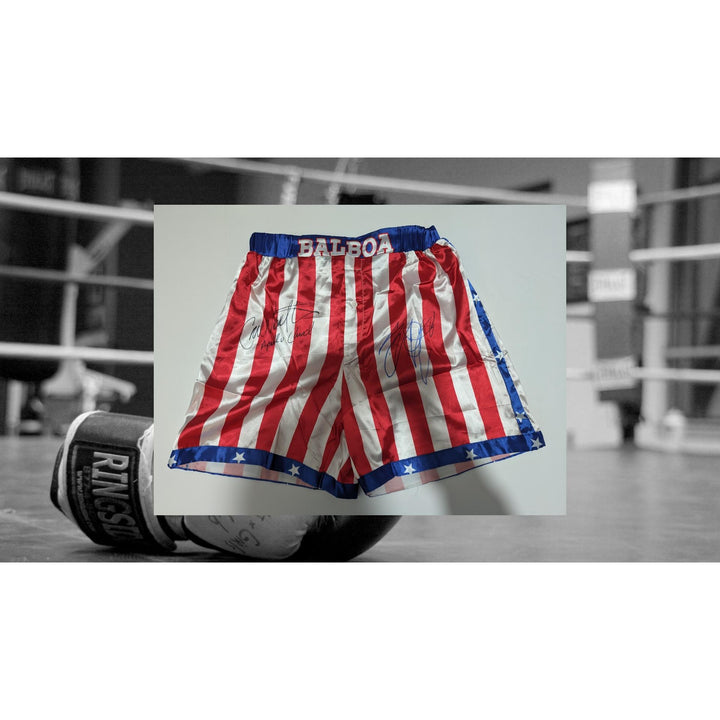 Sylvester Stallone Rocky Balboa and Carl Weathers Apollo Creed USA boxing shorts signed with proof