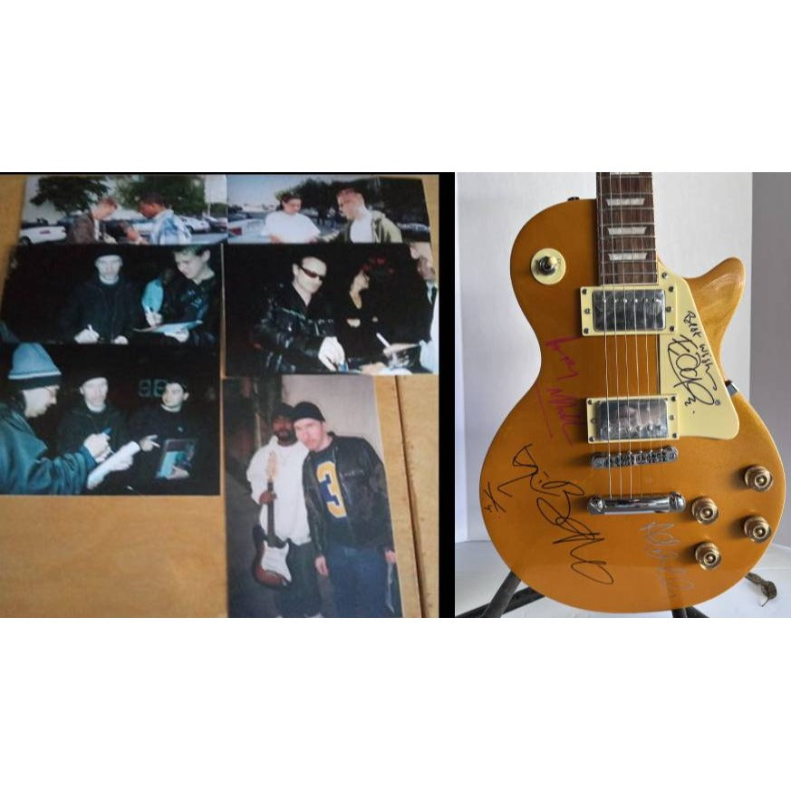 U2 Bono Paul Hewson The Edge David Evans Howell, Larry Mullen Adam Clayton full size gold Les Paul signed with proof