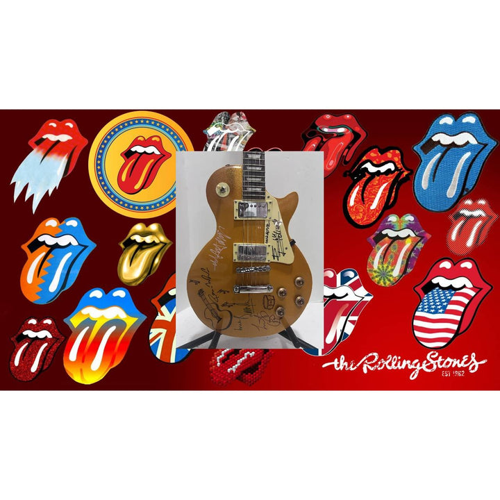 Rolling Stones Mick Jagger Ronnie Woods Charlie Watts Keith Richards Gold Les Paul  Electric full size quitar signed whit proff