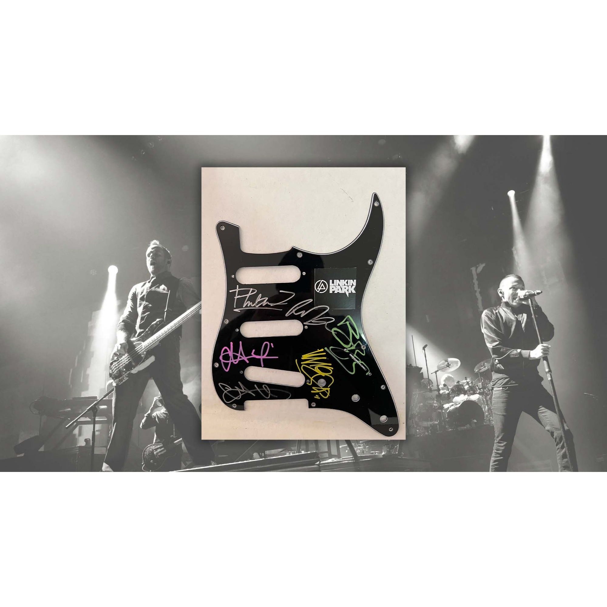 Chester Bennington  Mike Shinoda, Rob Bourdon, and Brad Delson. Joe Hahn electric guitar pickguard signed with proof