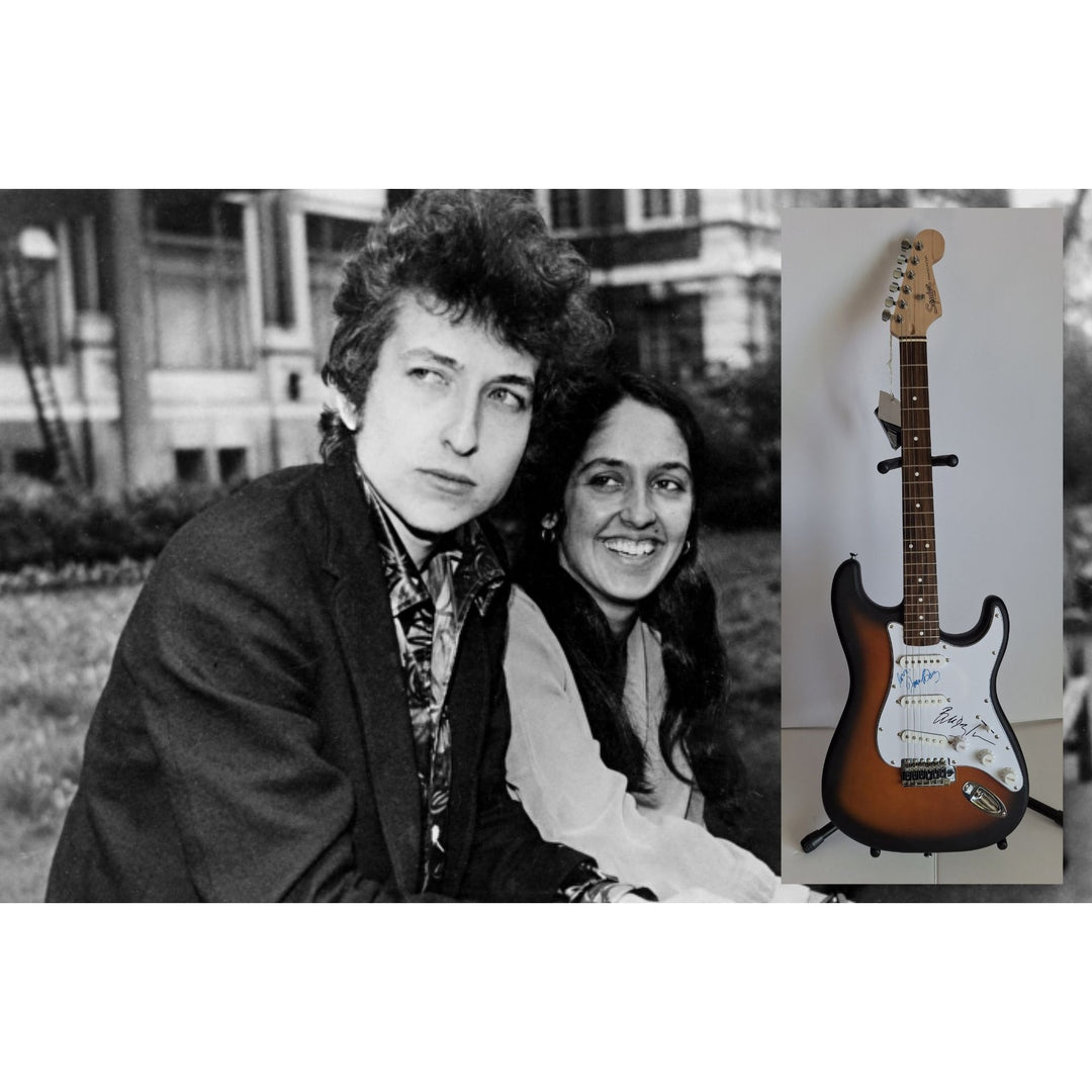 Bob Dylan and Joan Baez, authentic Fender Stratocaster electric guitar signed with proof