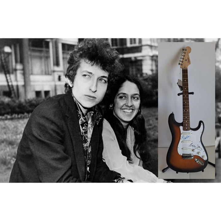Bob Dylan and Joan Baez, authentic Fender Stratocaster electric guitar signed with proof
