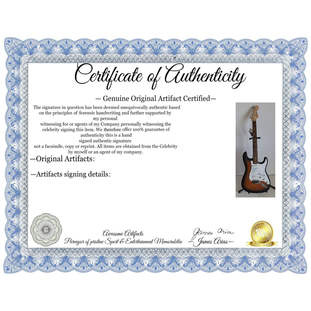 Bob Dylan and Joan Baez, authentic Fender Stratocaster electric guitar signed with proof