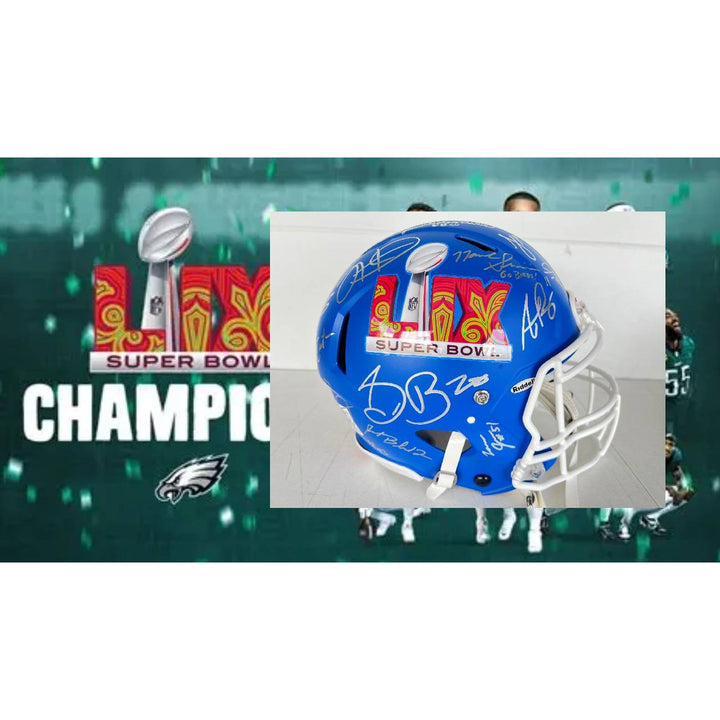 Super Bowl LIX 2025 Philadelphia Eagles pro game model helmet team signed with 40 plus signatures & signing proof .