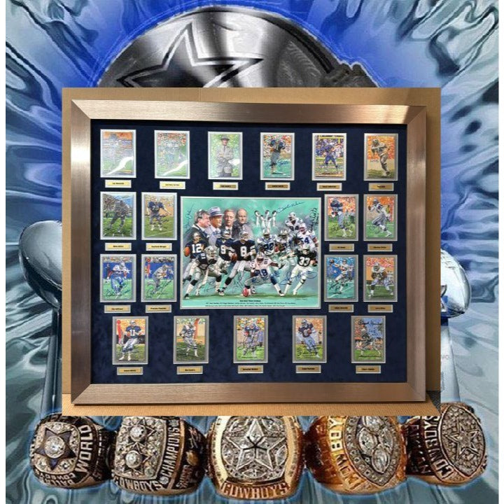 Dallas Cowboys All time greats (30) Roger Staubach Troy Aikman Tom Landry signed and framed with proof dims 43x51