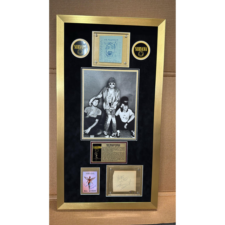 Kurt Cobain David Grohl Krist Novoselic Nirvana signed wirh proof , sketches & museum quality frame 20x36