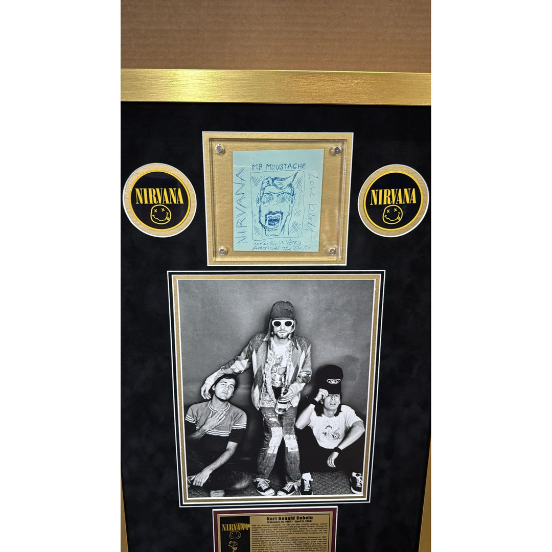 Kurt Cobain David Grohl Krist Novoselic Nirvana signed wirh proof , sketches & museum quality frame 20x36