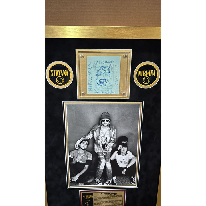 Kurt Cobain David Grohl Krist Novoselic Nirvana signed wirh proof , sketches & museum quality frame 20x36