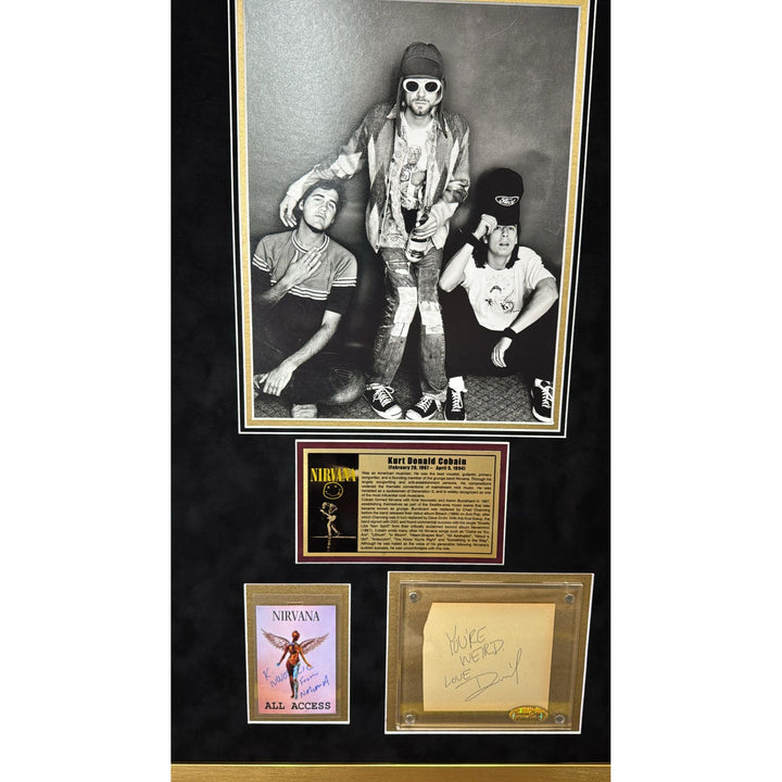Kurt Cobain David Grohl Krist Novoselic Nirvana signed wirh proof , sketches & museum quality frame 20x36