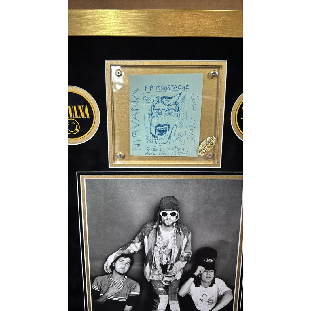 Kurt Cobain David Grohl Krist Novoselic Nirvana signed wirh proof , sketches & museum quality frame 20x36